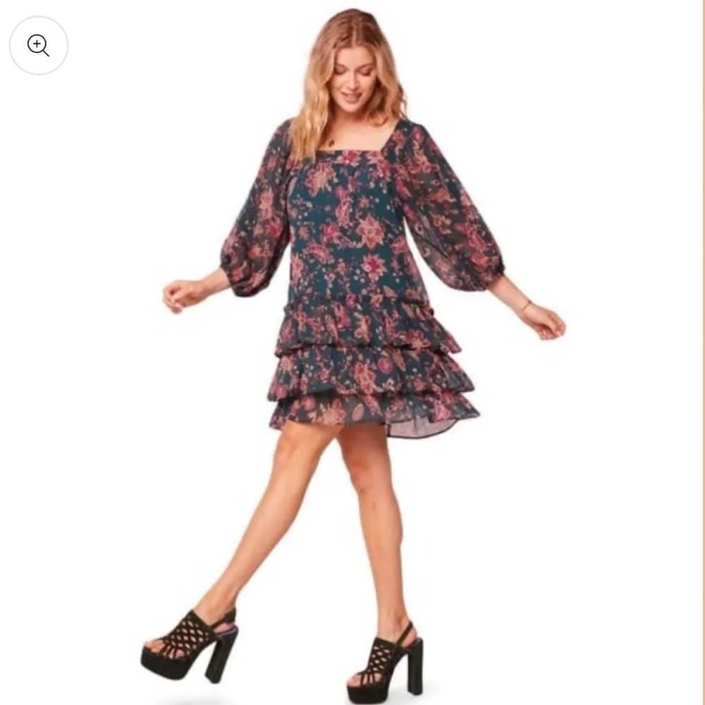 BAND OF THE FREE Mandy Floral Pine Berry Sheer Sleeve Dress Ruffle Hem